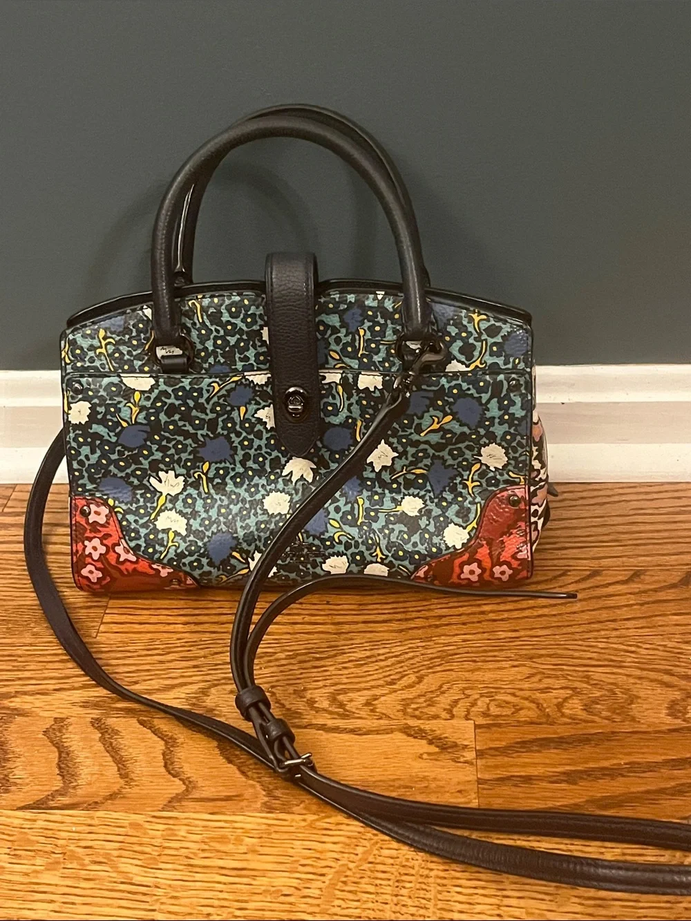 COACH Mercer Satchel 24 Leather Crossbody Bag Yankee Floral Blue No 57703